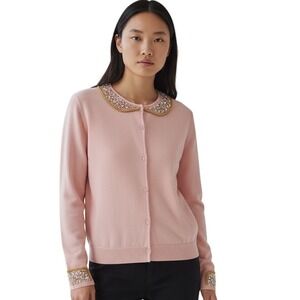 Marc Jacobs Pink Beaded Wool‎ Peter Pan Collar Cardigan Sweater Women's Size L